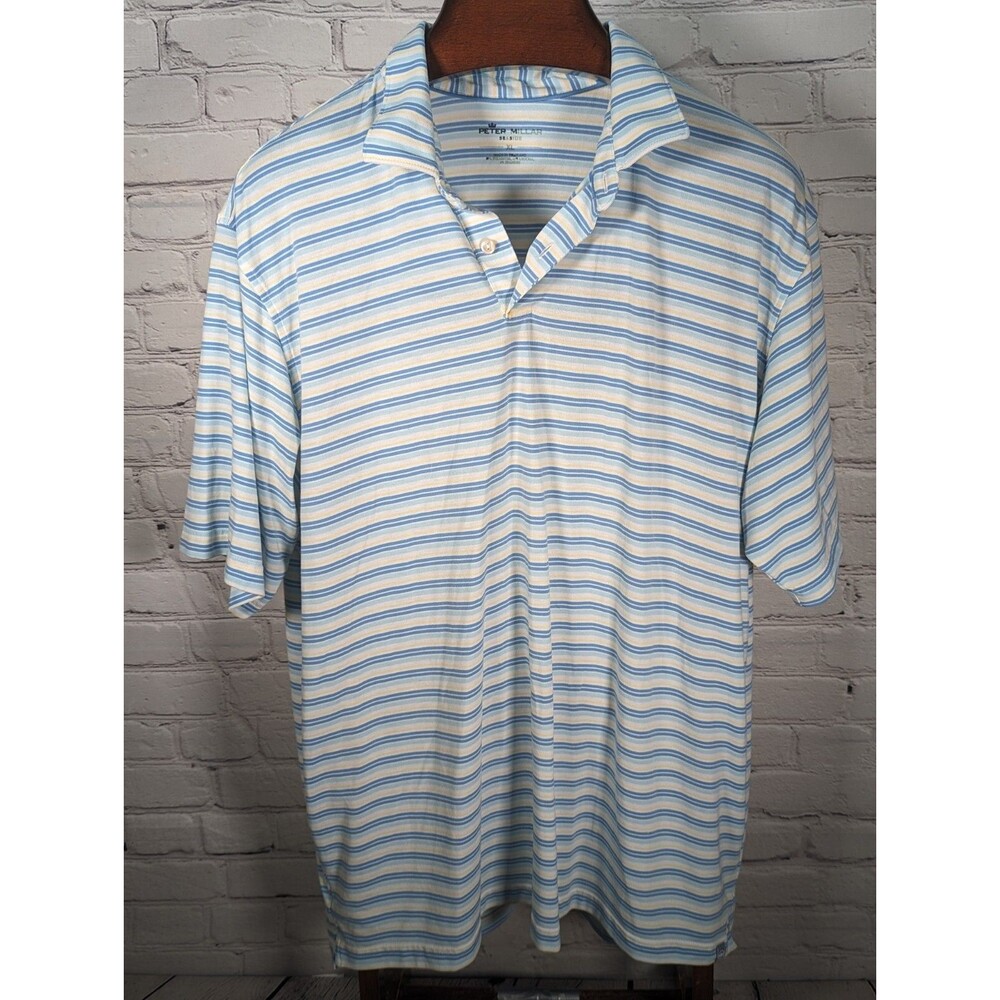 Peter Millar Polo Shirt Mens XL Seaside White Blue Yellow Striped Short Sleeve